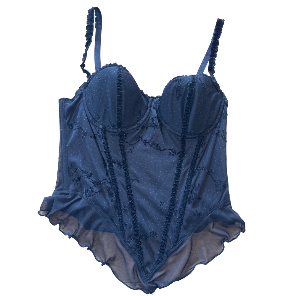 Black Sheer Velvet Babydoll‎ Corset Bodysuit Women M/L Mesh Floral Whimsioth